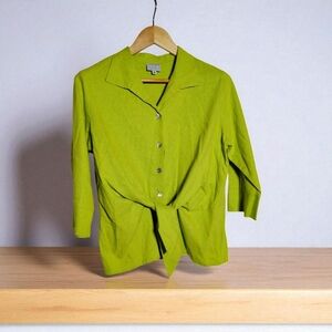 Niche Nilgun Derman Sz M Green Linen Blend Tie Front Shirt